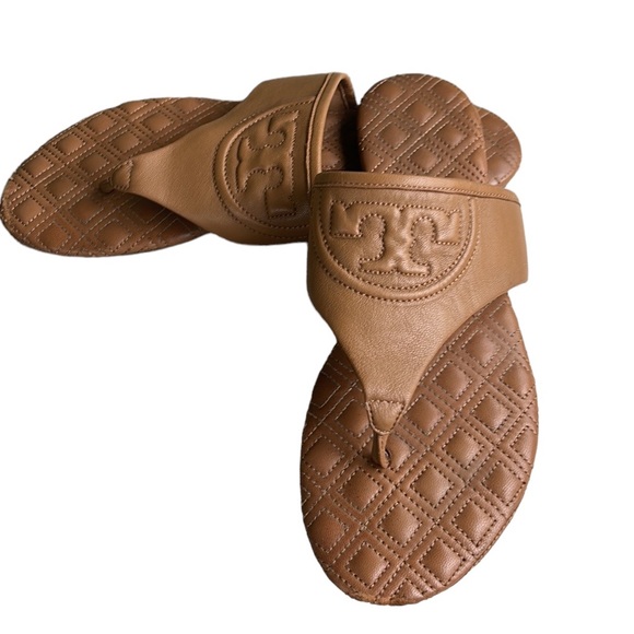 Tory Burch Fleming Quilted Tan Leather Thong Padded Slides Sandals - 8 - Picture 3 of 13